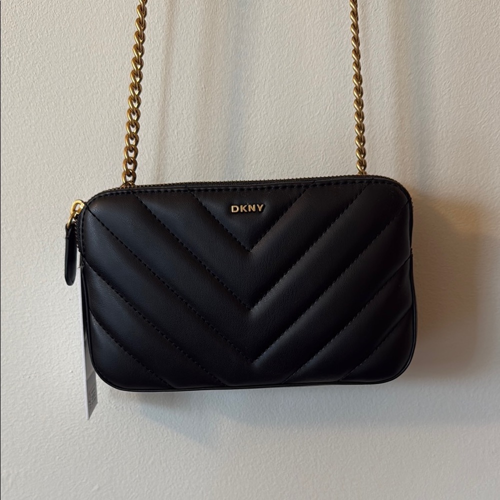 DKNY Chevron Black Crossbody Bag with Gold Chain